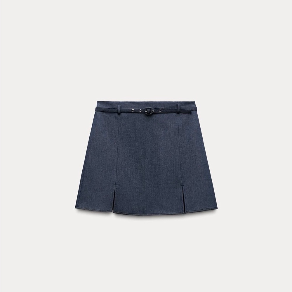 Denim Zara Pleated A-Line Skirt with Belt